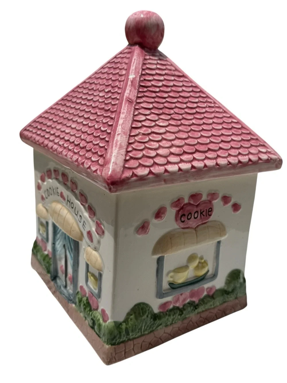 Vintage Pink Cottage Cookie House Cookie Jar Valentine Cottagecore Ceramic Decor